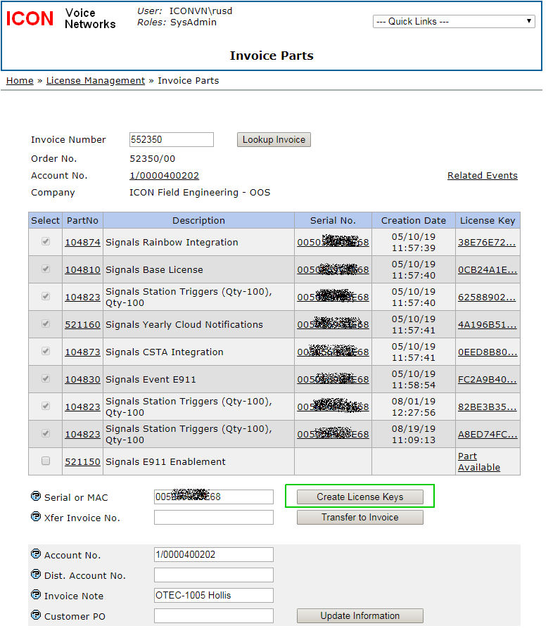 OpsWeb Invoice Parts